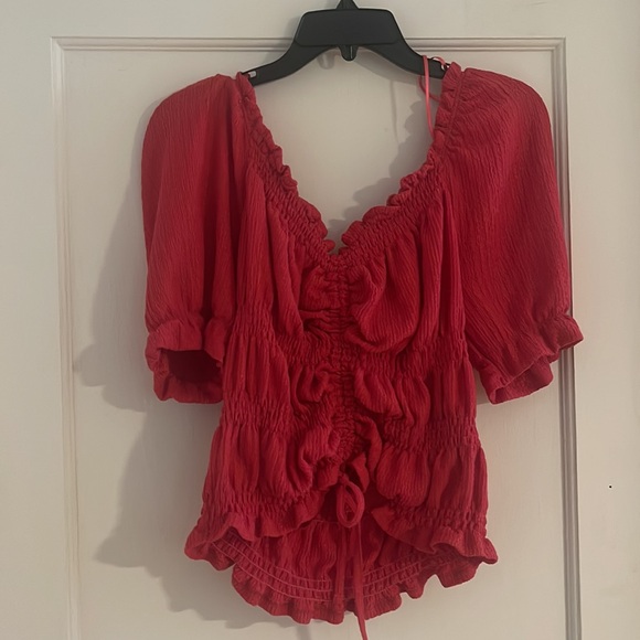 Anthropologie Pilcro Puff Sleeved Crop Top in Rose Red Pink | Size L - Picture 5 of 7